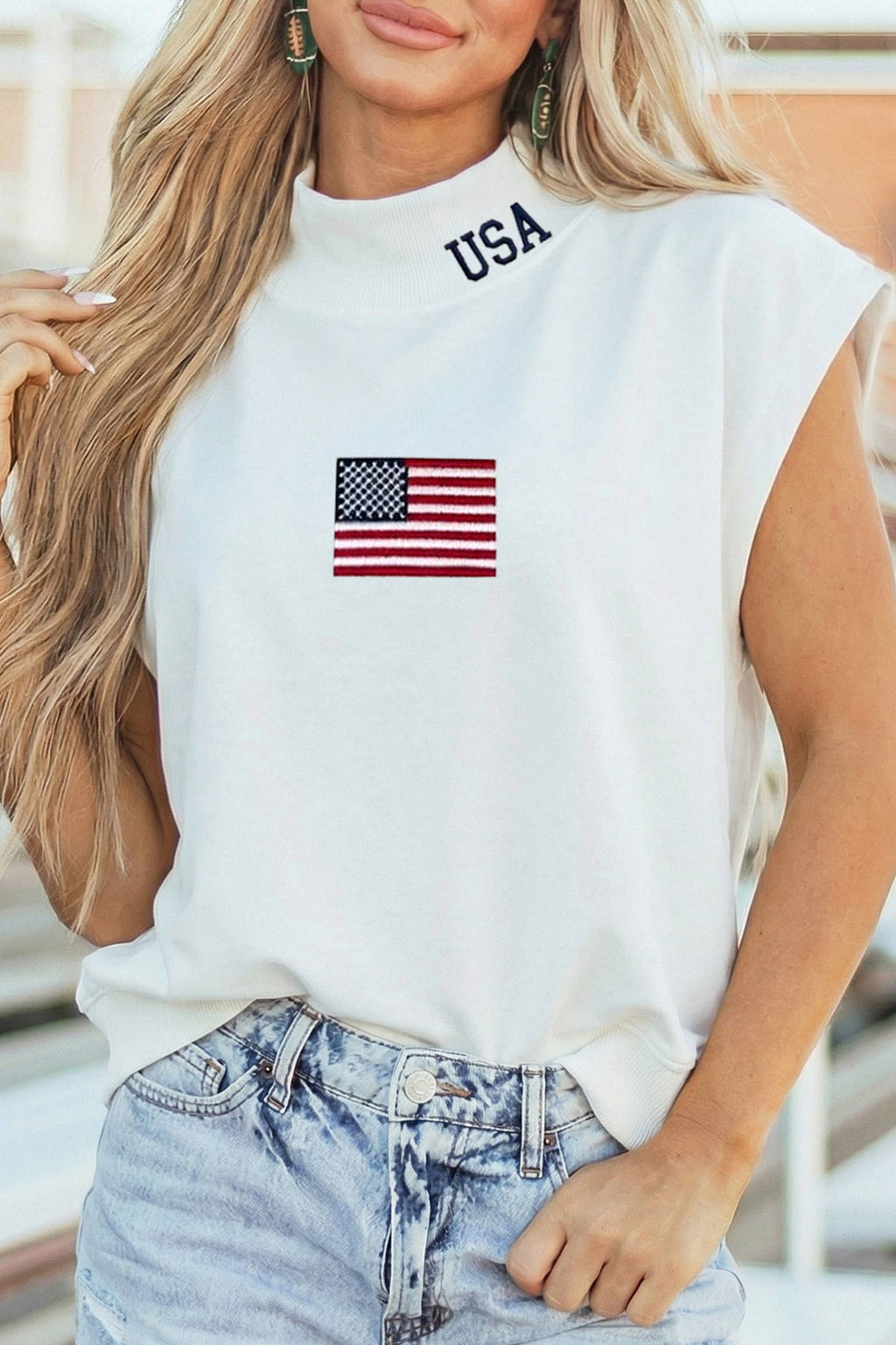 USA Flag Embroidered High Neck Cap Sleeve Top