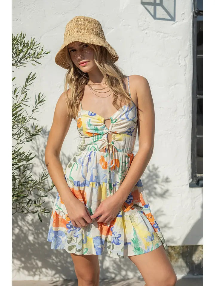 SPRING PRINTED MINI CUT OUT DRESS