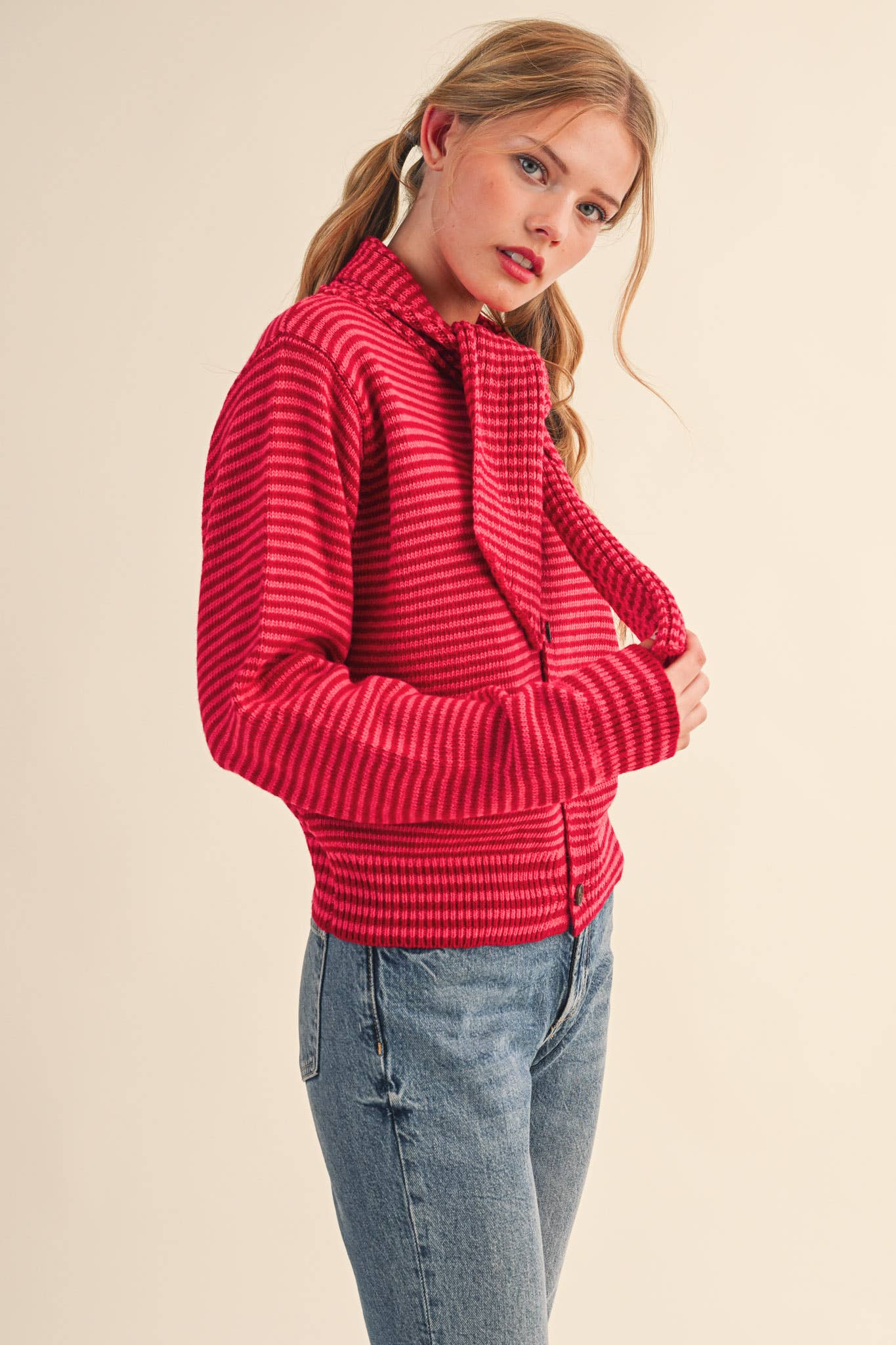 STRIPED TYING NECK SWEATER CARDIGAN MSW11125