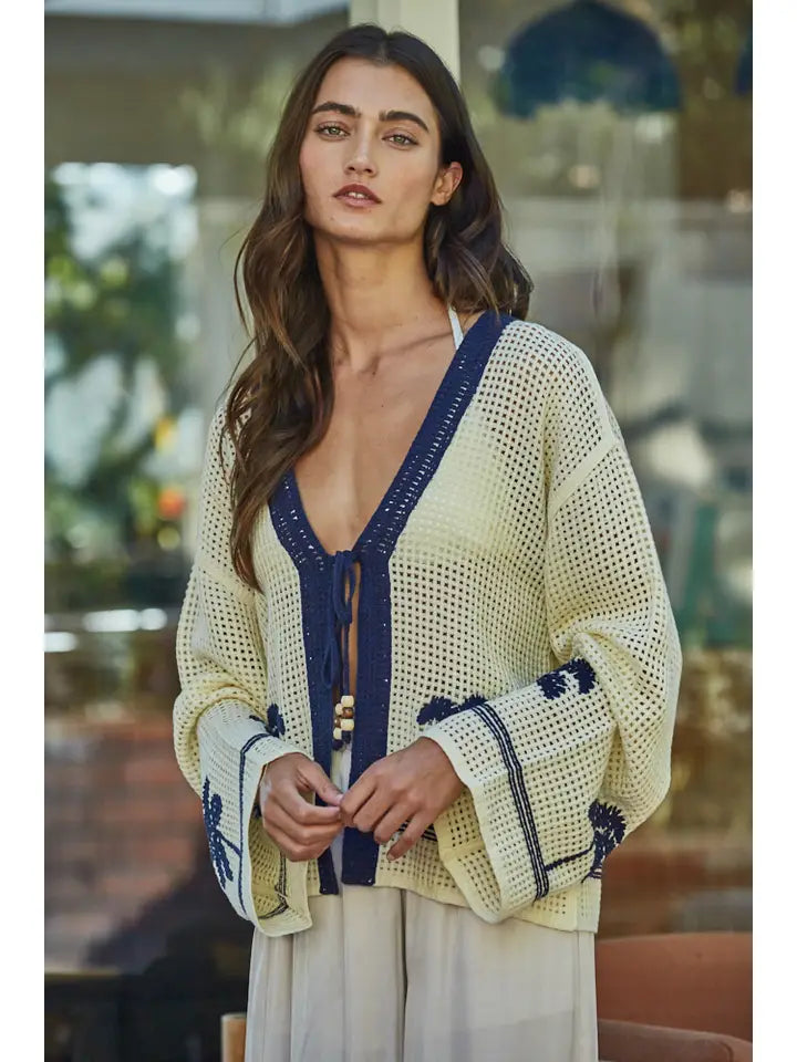 By Together Palm Tree Crochet Cardigan - Ivory V-Neck Knit Sweater