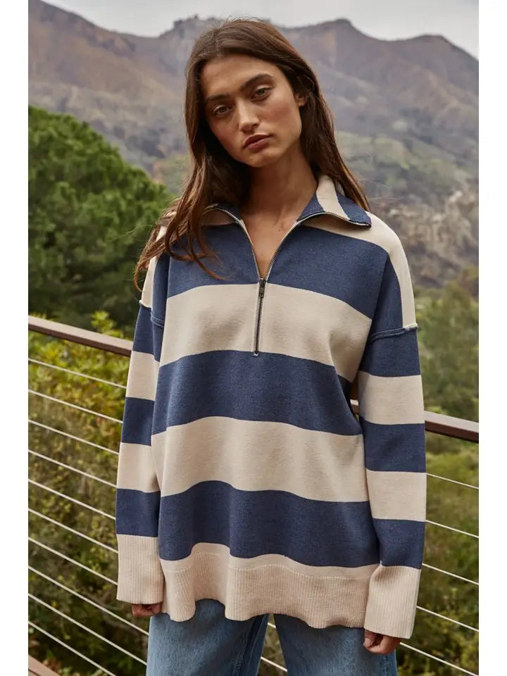 KNIT STRIPED TURTLENECK HALF ZIP UP TOP