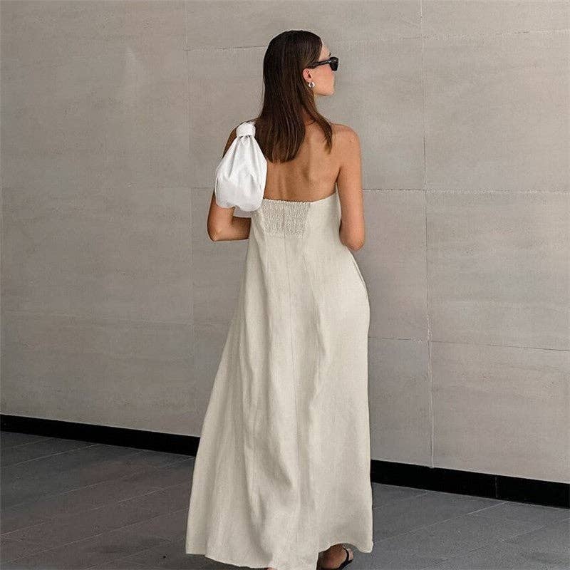 Solid Color Strapless Backless Maxi Dress - KHAKI