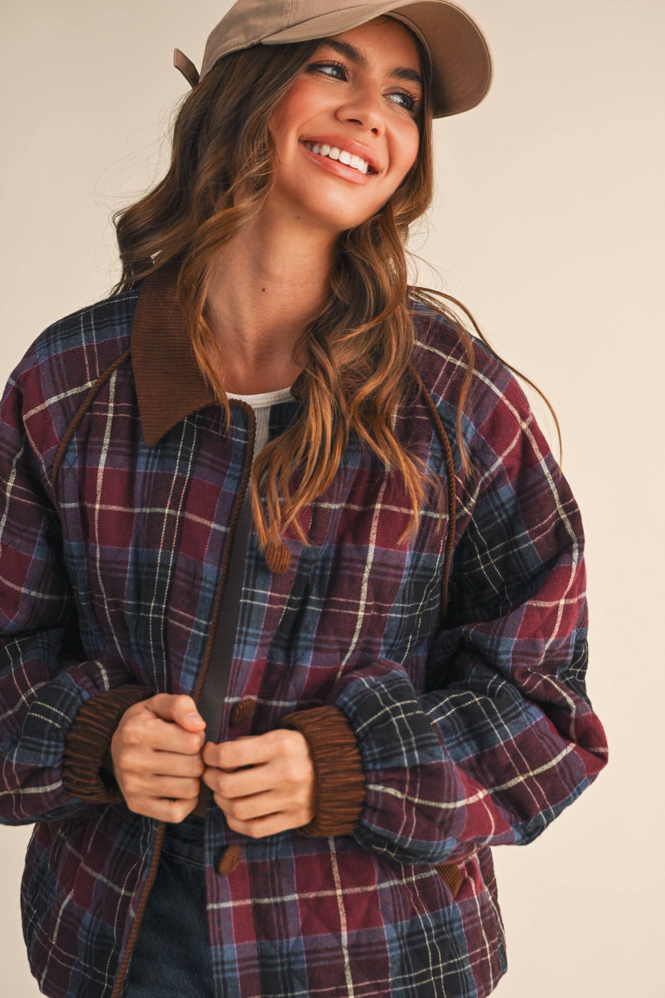 PLAID QUILTED JACKET WITH CONTRAST CORDUROY DETAIL MJK4115