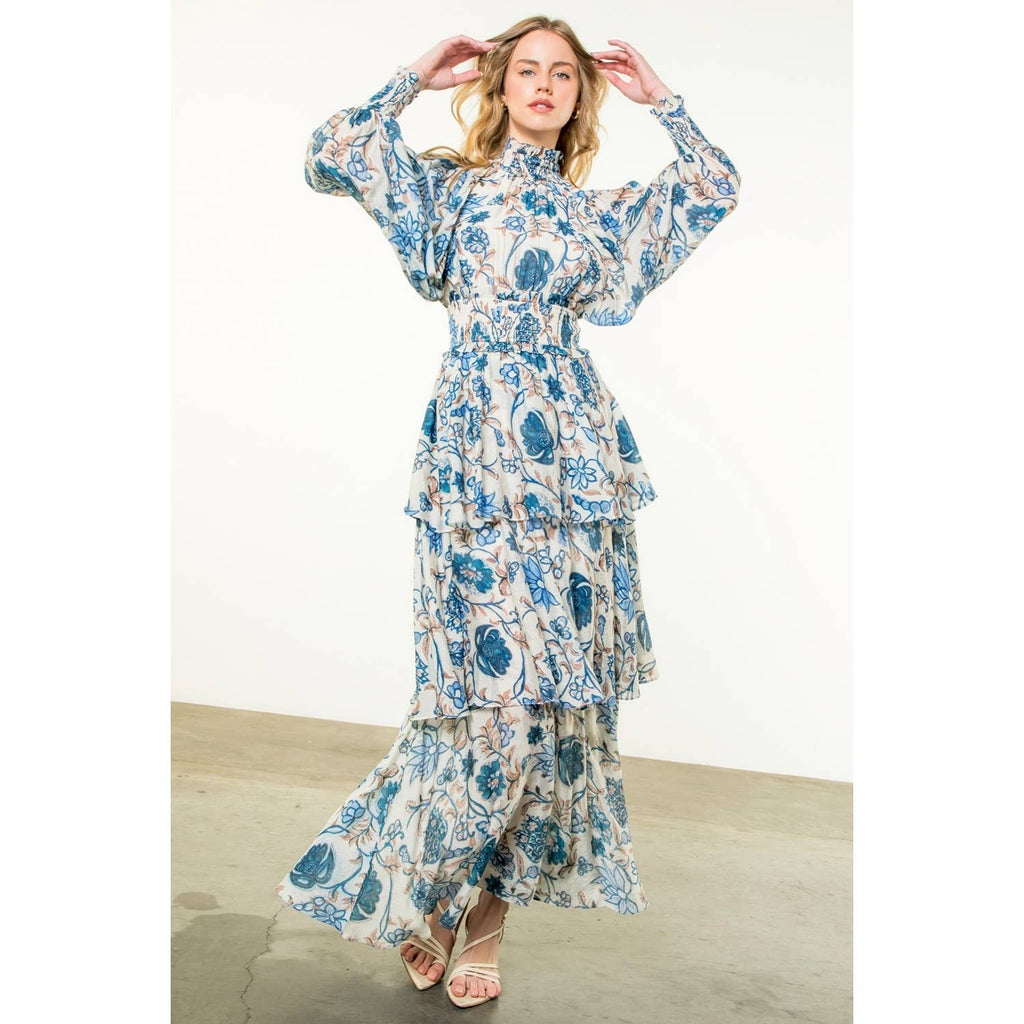 Smocked Waist Tiered Long Sleeve Dress