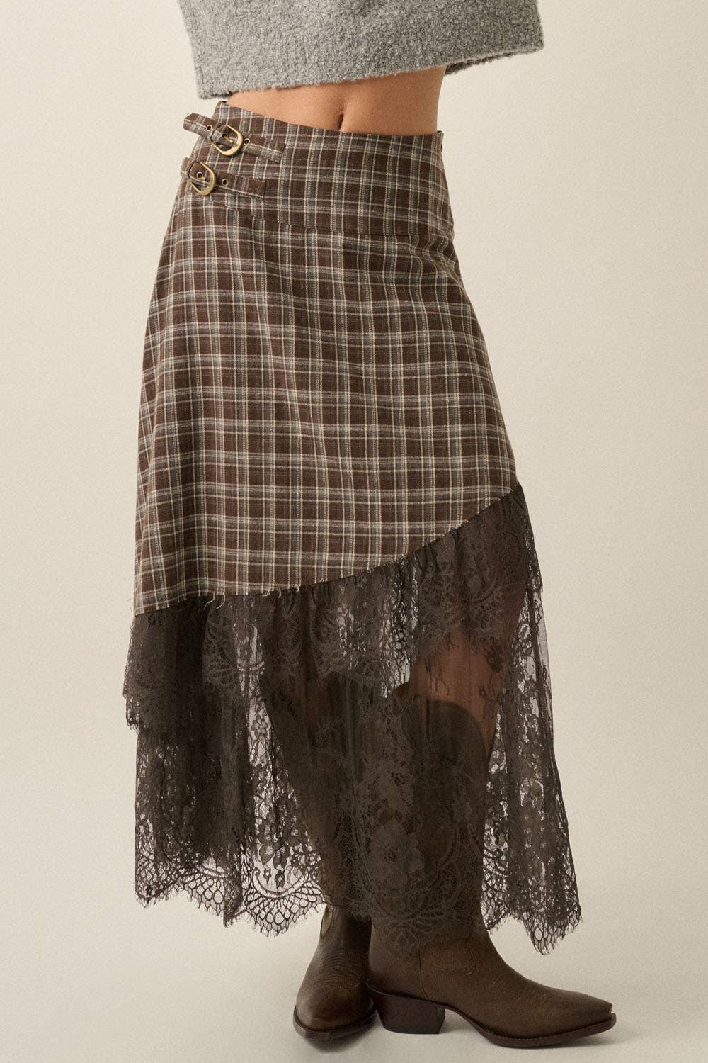 Buckled-Waist Asymmetrical Tiered Maxi Skirt