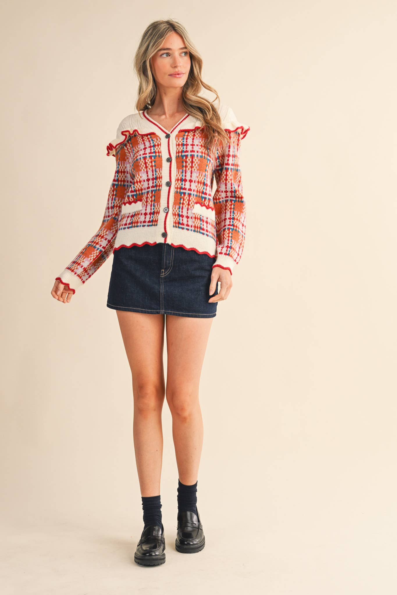 RUFFLED YOKE PLAID SWEATER CARDIGAN