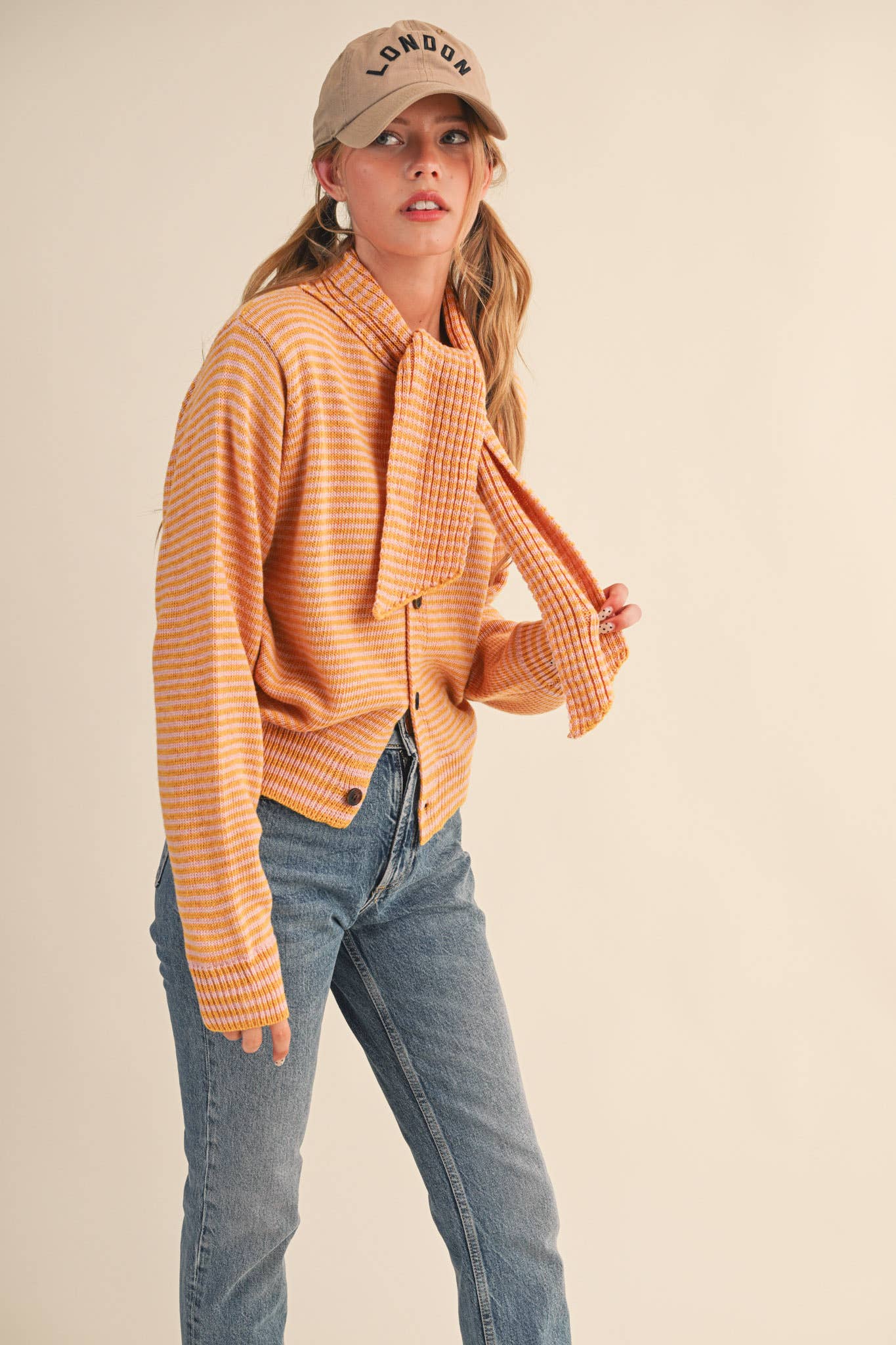 STRIPED TYING NECK SWEATER CARDIGAN MSW11125