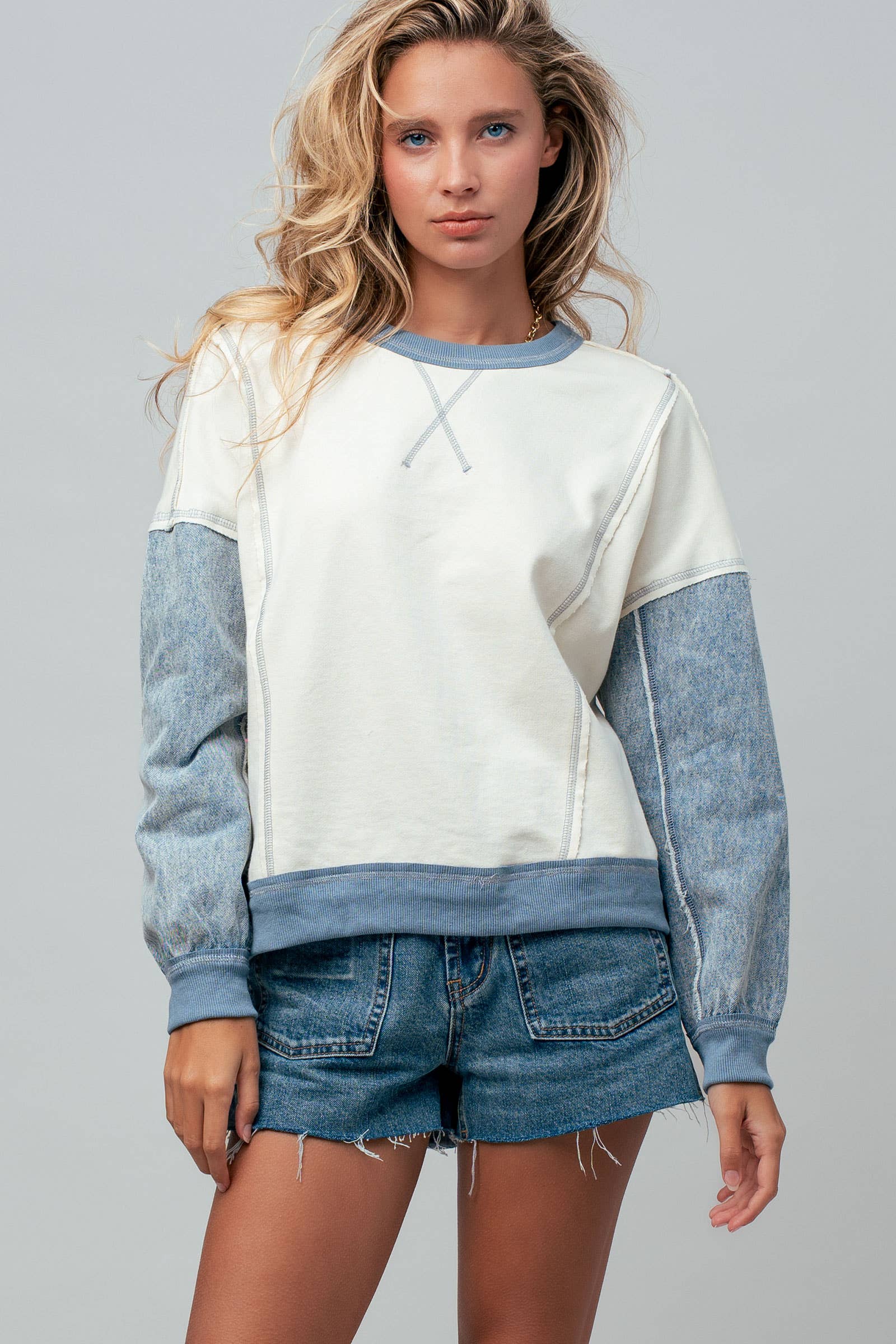 Contrast Denim Sleeve Mixed Media Pullover
