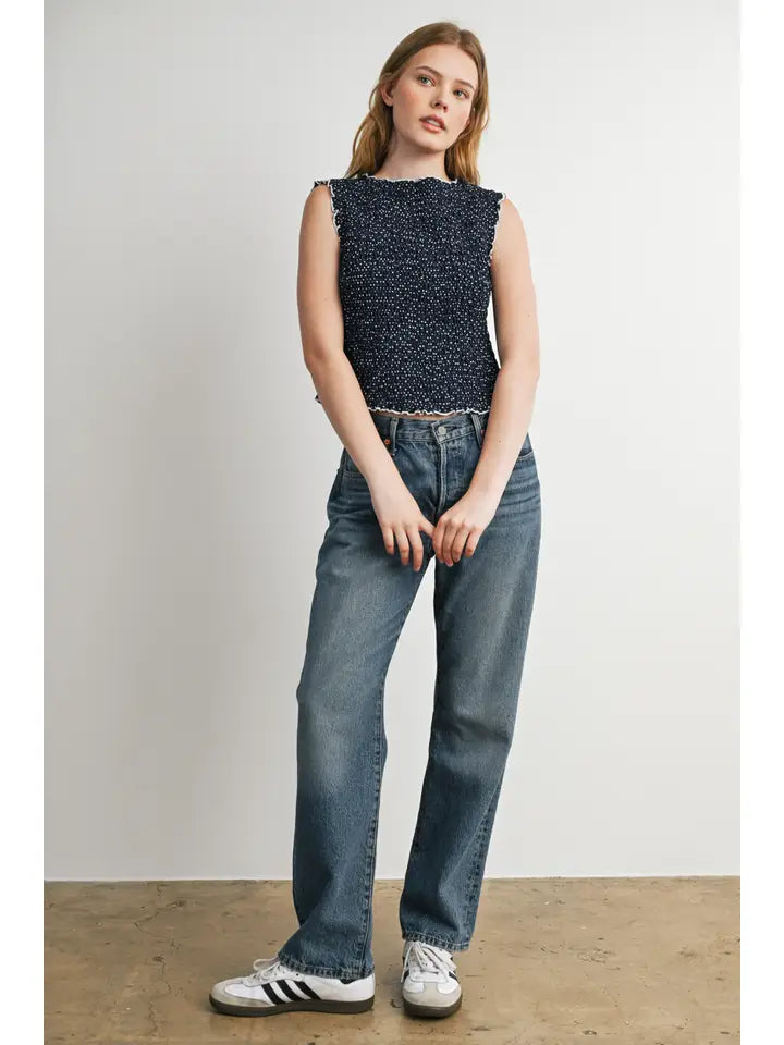 Ruched Ribbon-Back Sleeveless Blouse