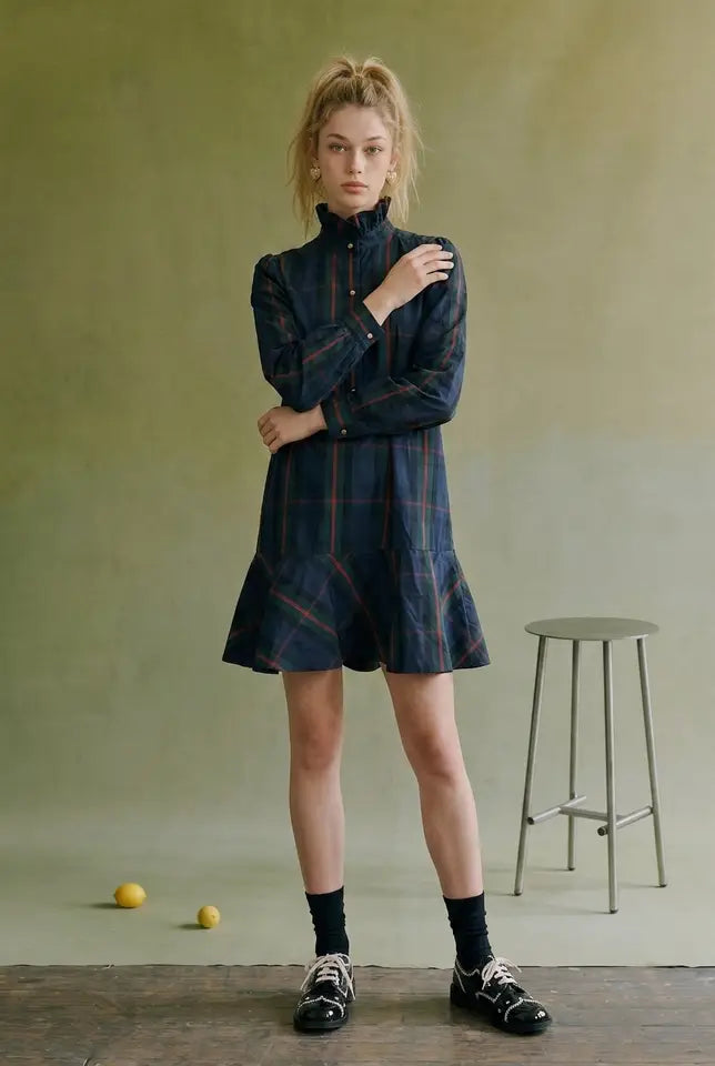 Plaid Taffeta Ruffle Collar Mini Dress