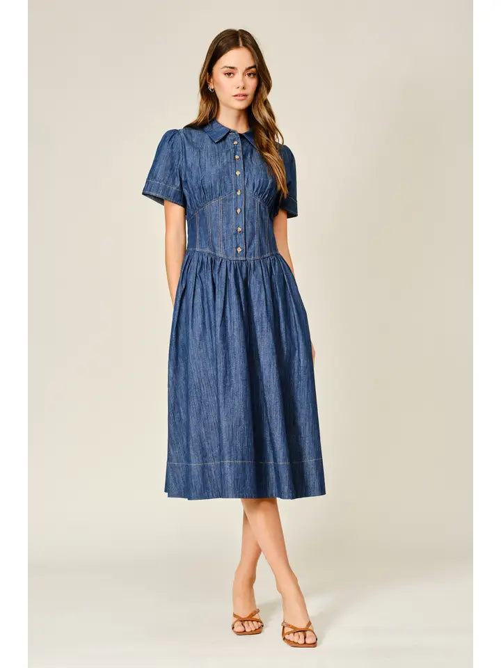 Corset Smocked Denim Shirt Dress