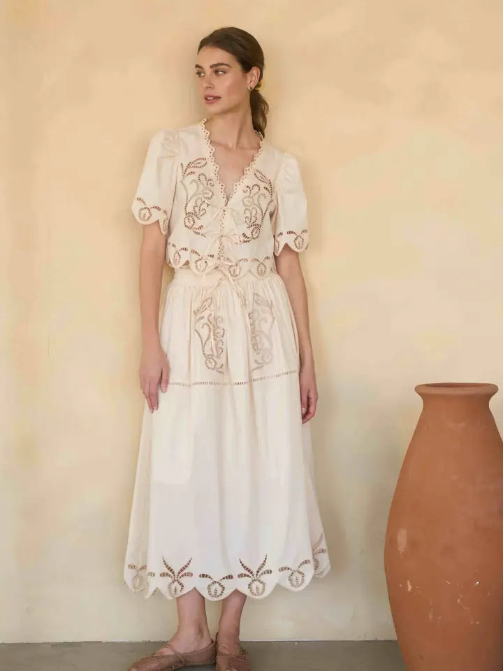 Short Sleeve Eyelet Detail Top W/ Front Tie