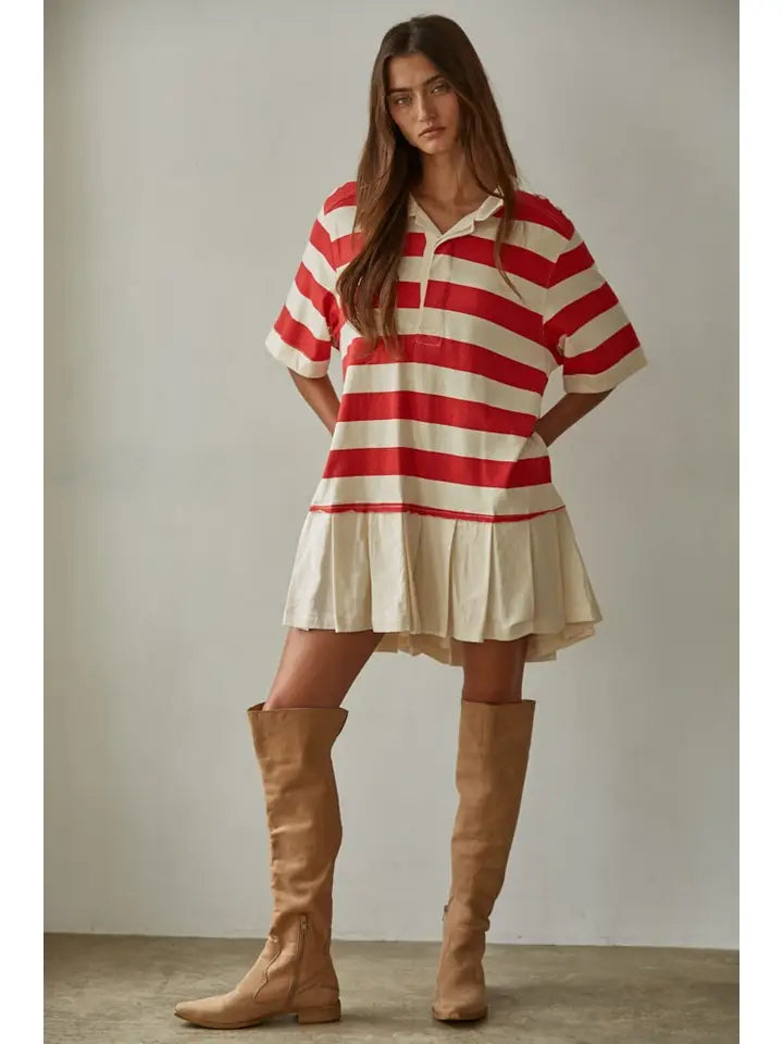 Knit Cotton Striped Collared Contrast Pleats Mini
