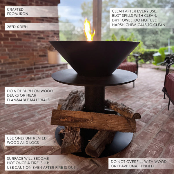 Outdoor Iron Pedestal Fire Bowl and Log Holder