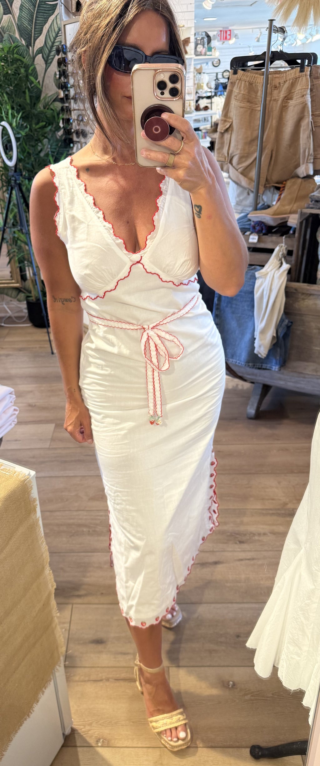 EMBROIDERED TRIM SIDE SLIT MIDI DRESS