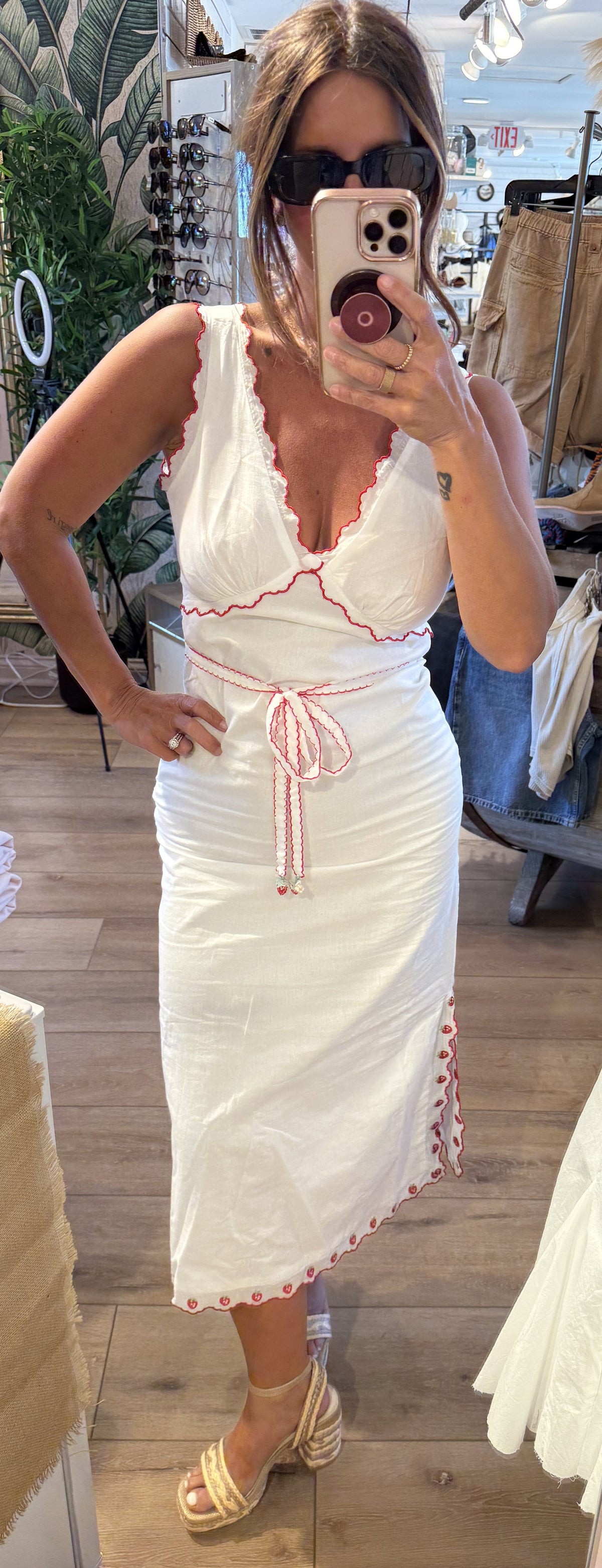 EMBROIDERED TRIM SIDE SLIT MIDI DRESS
