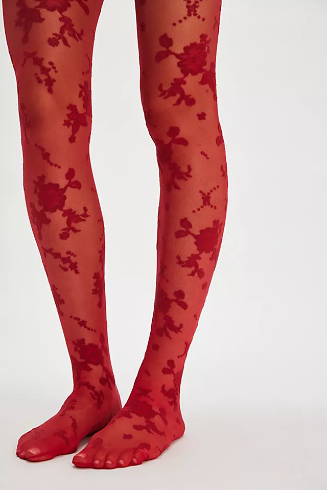 FLOCKED FLORAL TIGHT in RED COMBO