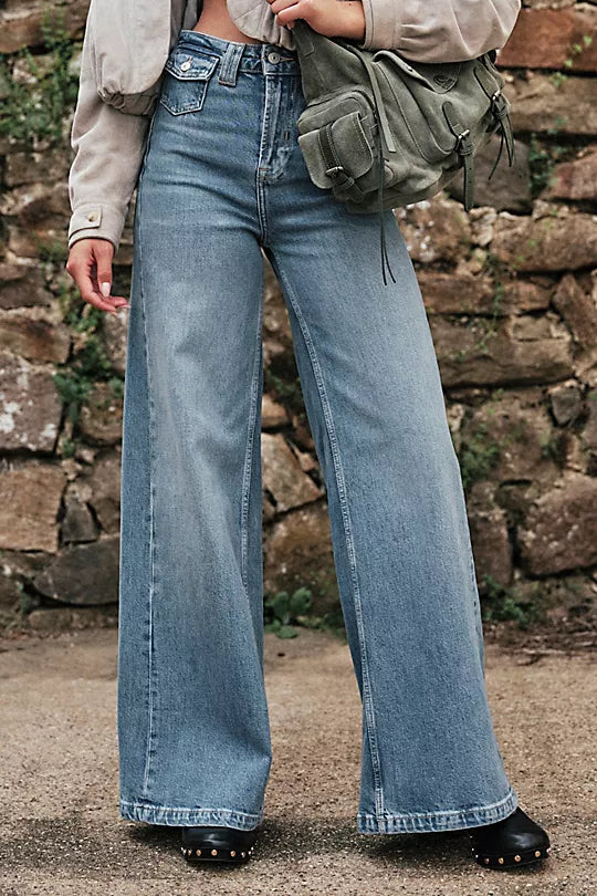 FREE PEOPLE KELLEE HIGH RISE PALAZZO in PLAZA BLUE