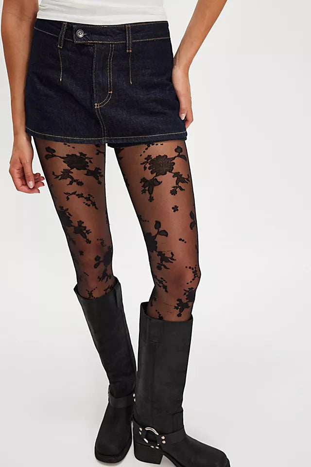 FLOCKED FLORAL TIGHT in BLACK COMBO