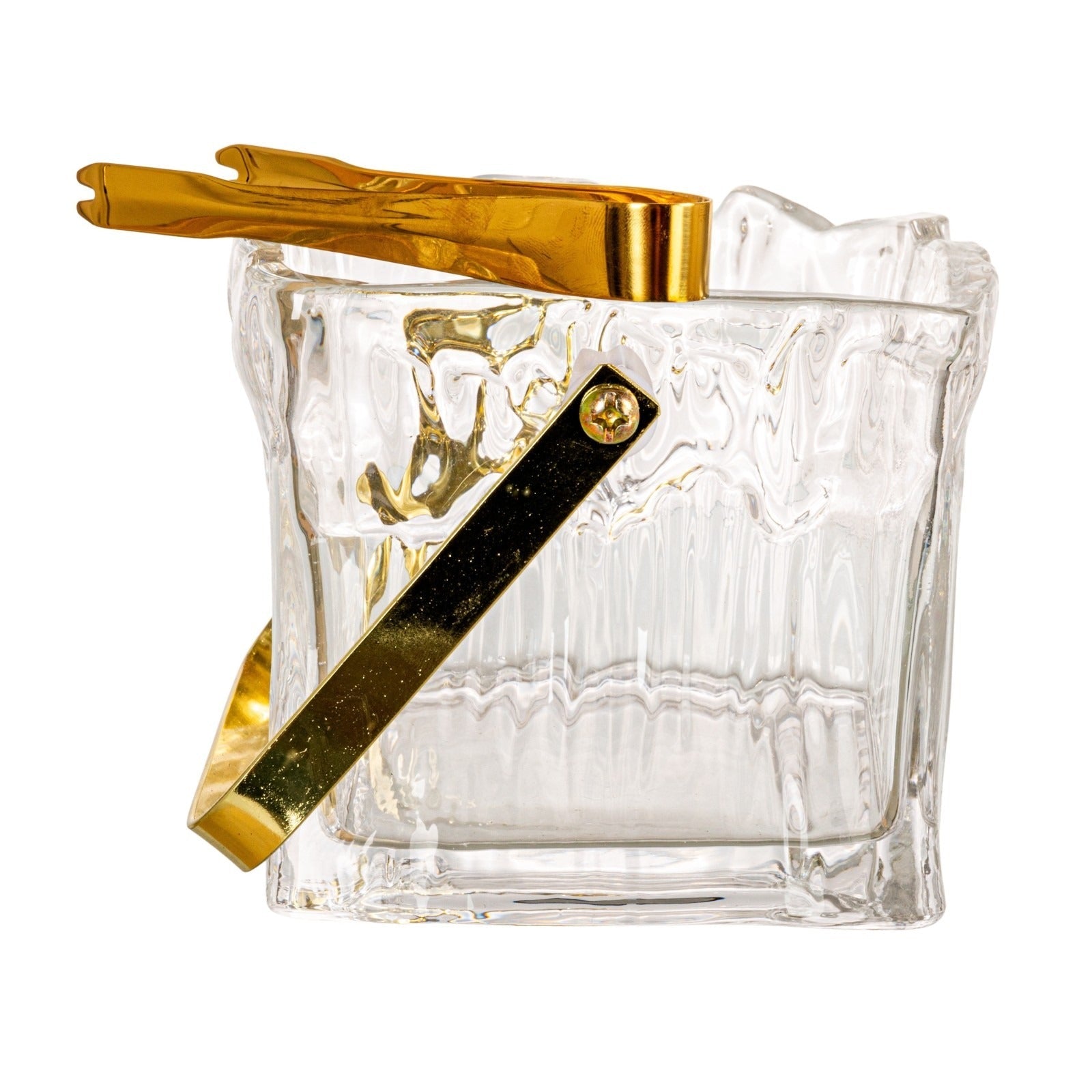 Textured Glass Ice Bucket with Gold Handle & Tongs