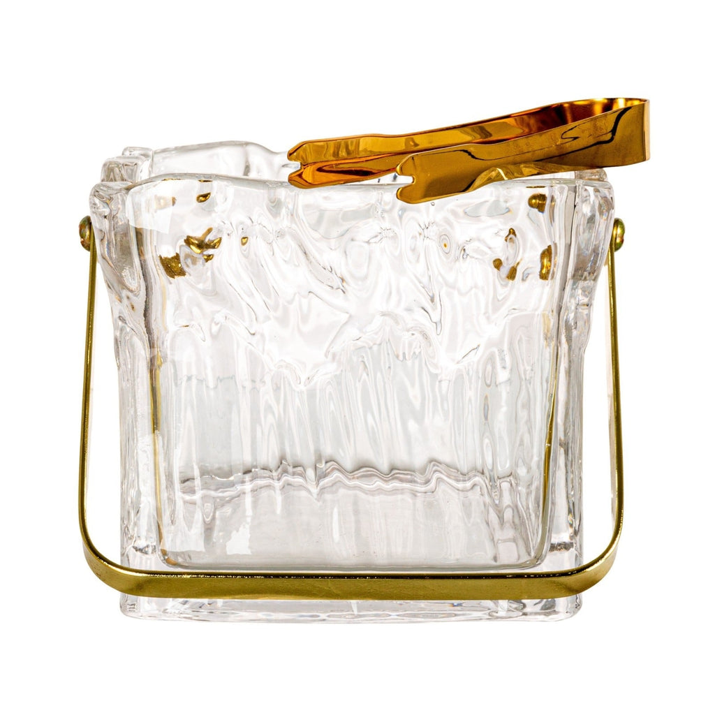Textured Glass Ice Bucket with Gold Handle & Tongs