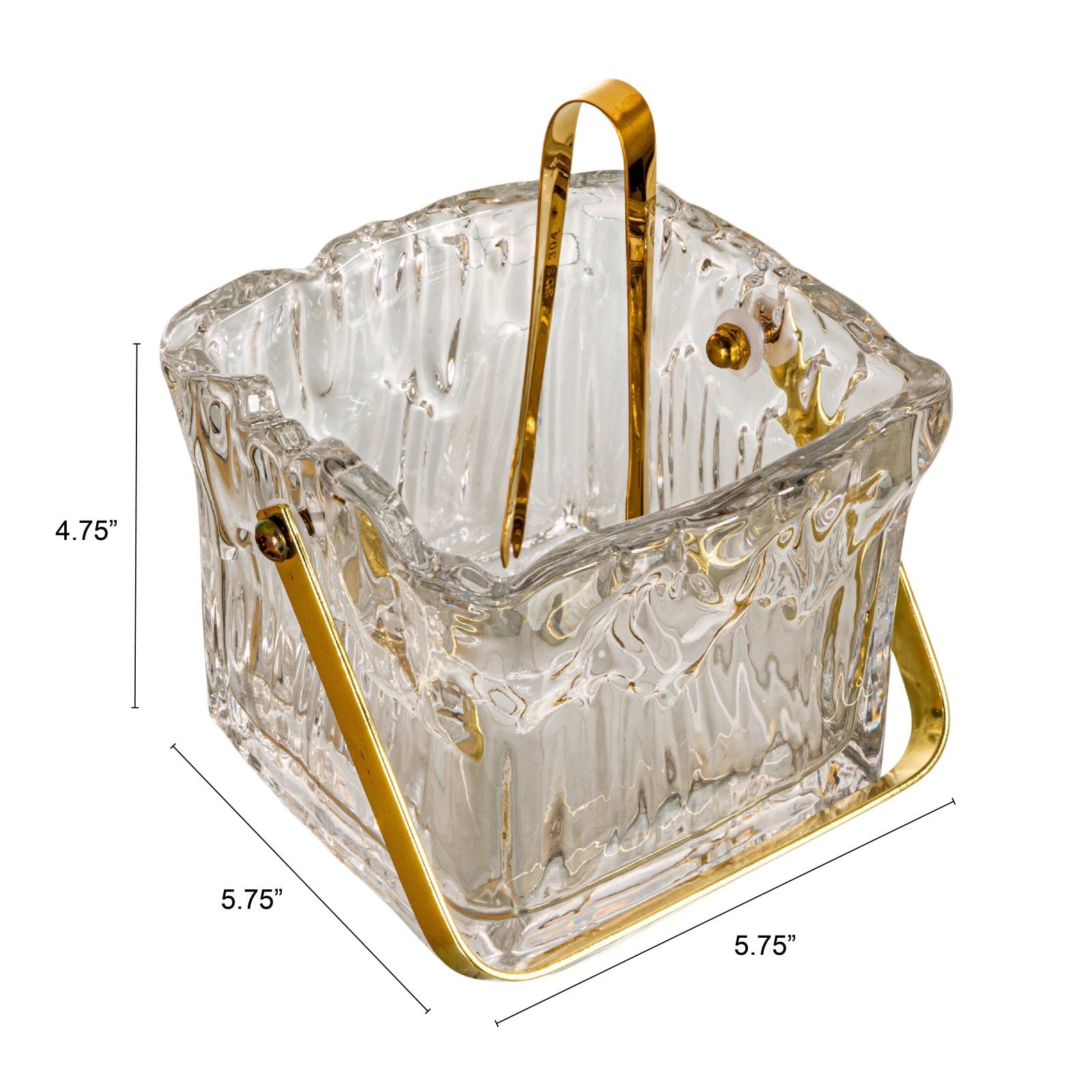 Textured Glass Ice Bucket with Gold Handle & Tongs