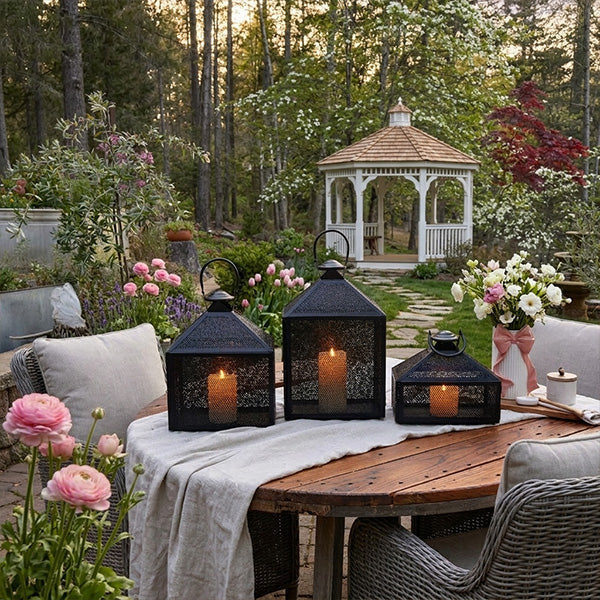 Perforated Iron Metal Lanterns, Set of Three