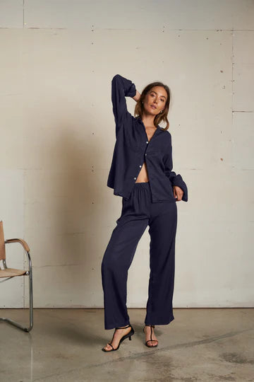 MELODY - Tencel long sleeve button up top In navy