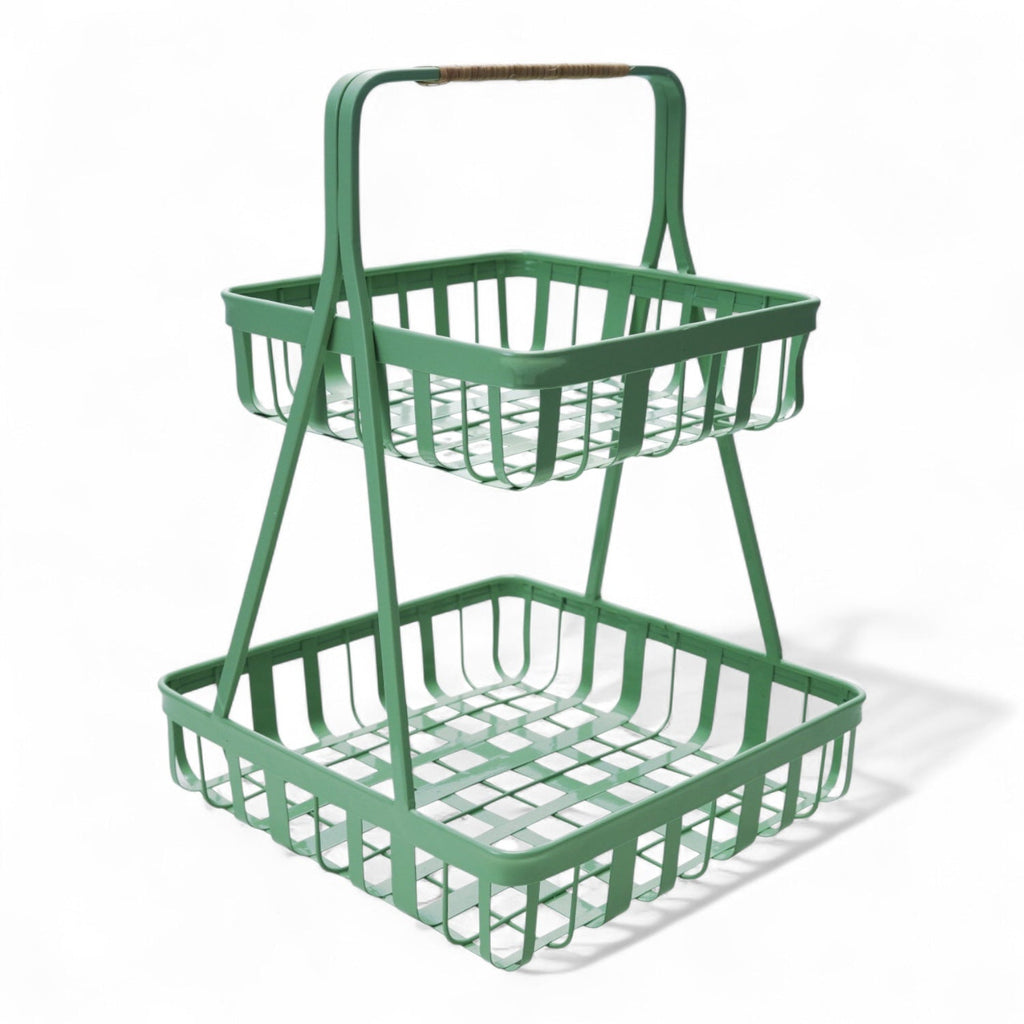 Mint Green 2-Tier Metal Tray with Rattan Wrapped Handle