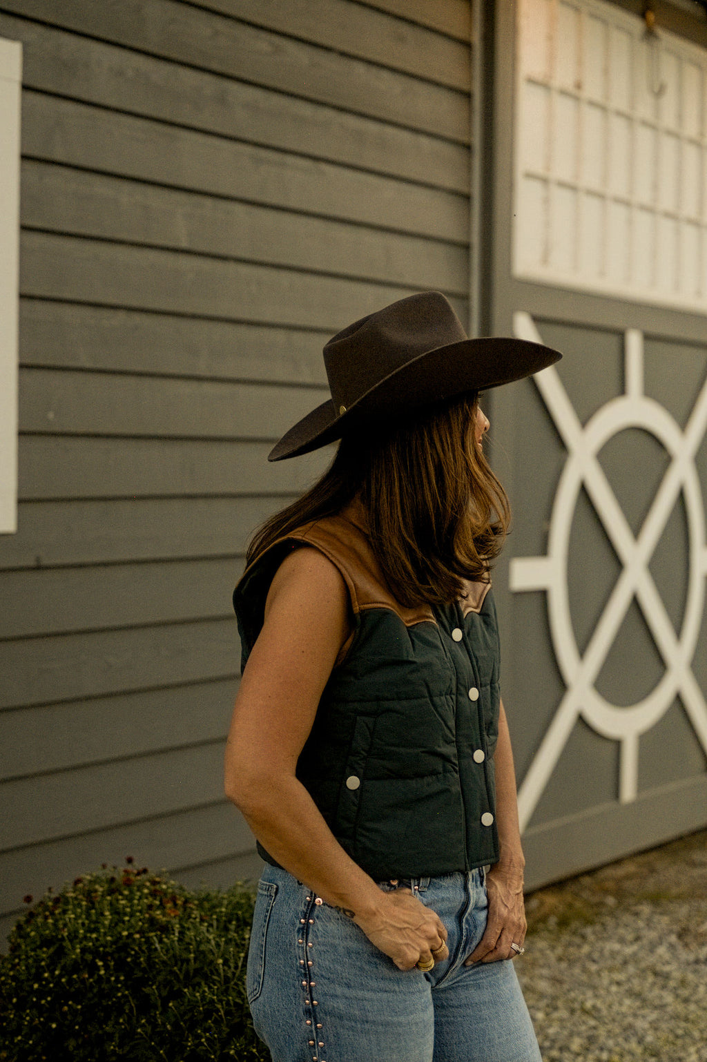 WESTERN FAUX LEATHER CONTRAST PADDED VEST