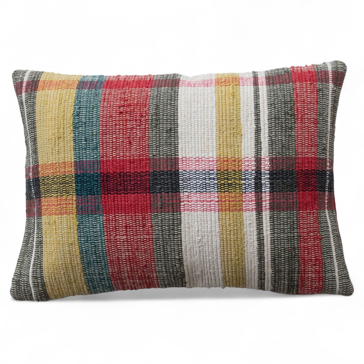 Hand-Woven Plaid Cotton Chindi Lumbar Throw Pillow