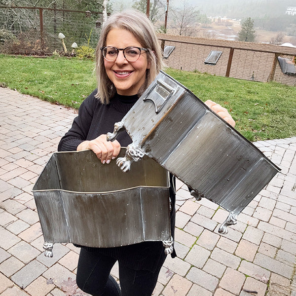 Aged Metal Footed Planters, Set of Two