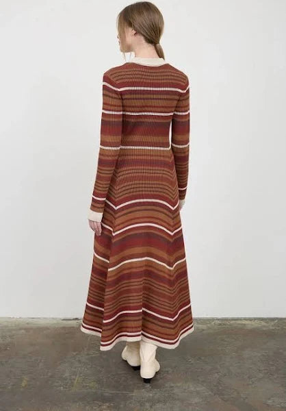 MULTI COLOR STRIPE COLLARED LONG SLEEVE MIDI DRESS