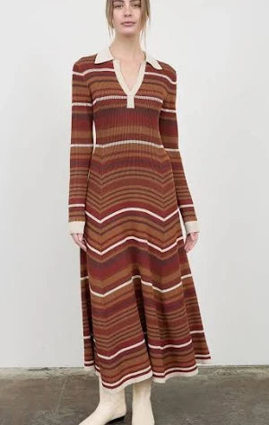 MULTI COLOR STRIPE COLLARED LONG SLEEVE MIDI DRESS