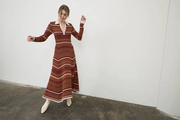 MULTI COLOR STRIPE COLLARED LONG SLEEVE MIDI DRESS