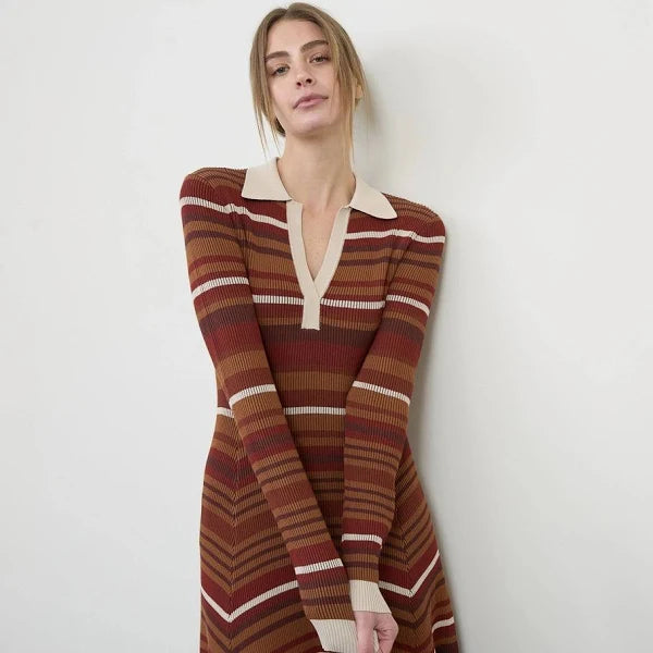 MULTI COLOR STRIPE COLLARED LONG SLEEVE MIDI DRESS