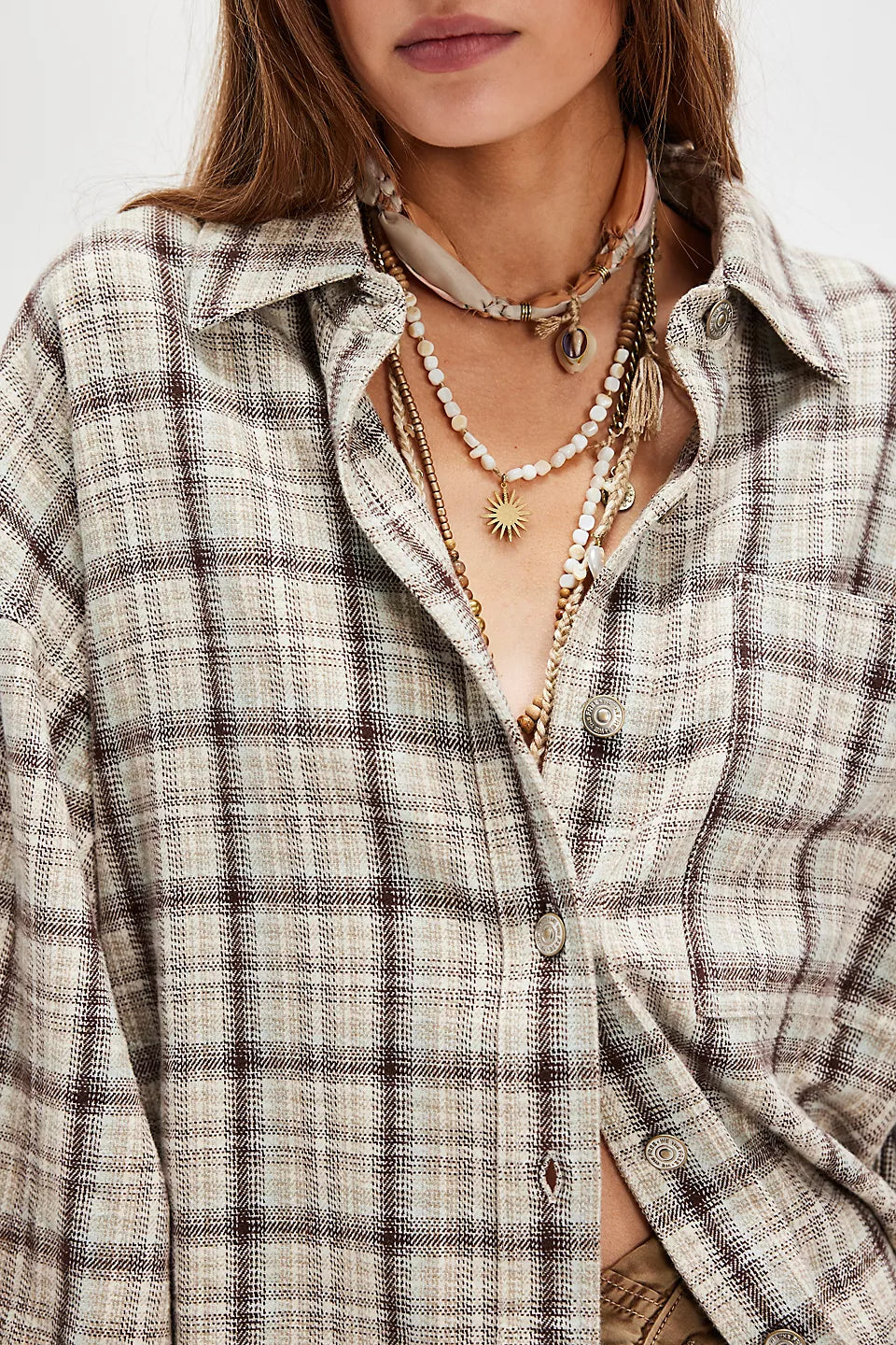 ASHLEY PLAID SHIRT in IVORY COMBO - KRISTA FREE PEOPLE