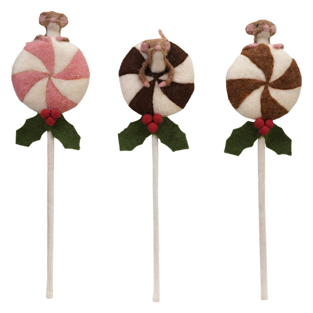 Handmade Wool Felt Lollipop with Mouse & Holly
