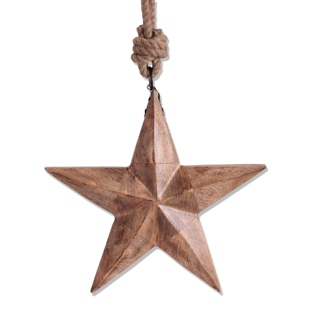 Hand-Carved Wood Star Ornament with Jute Rope Hanger