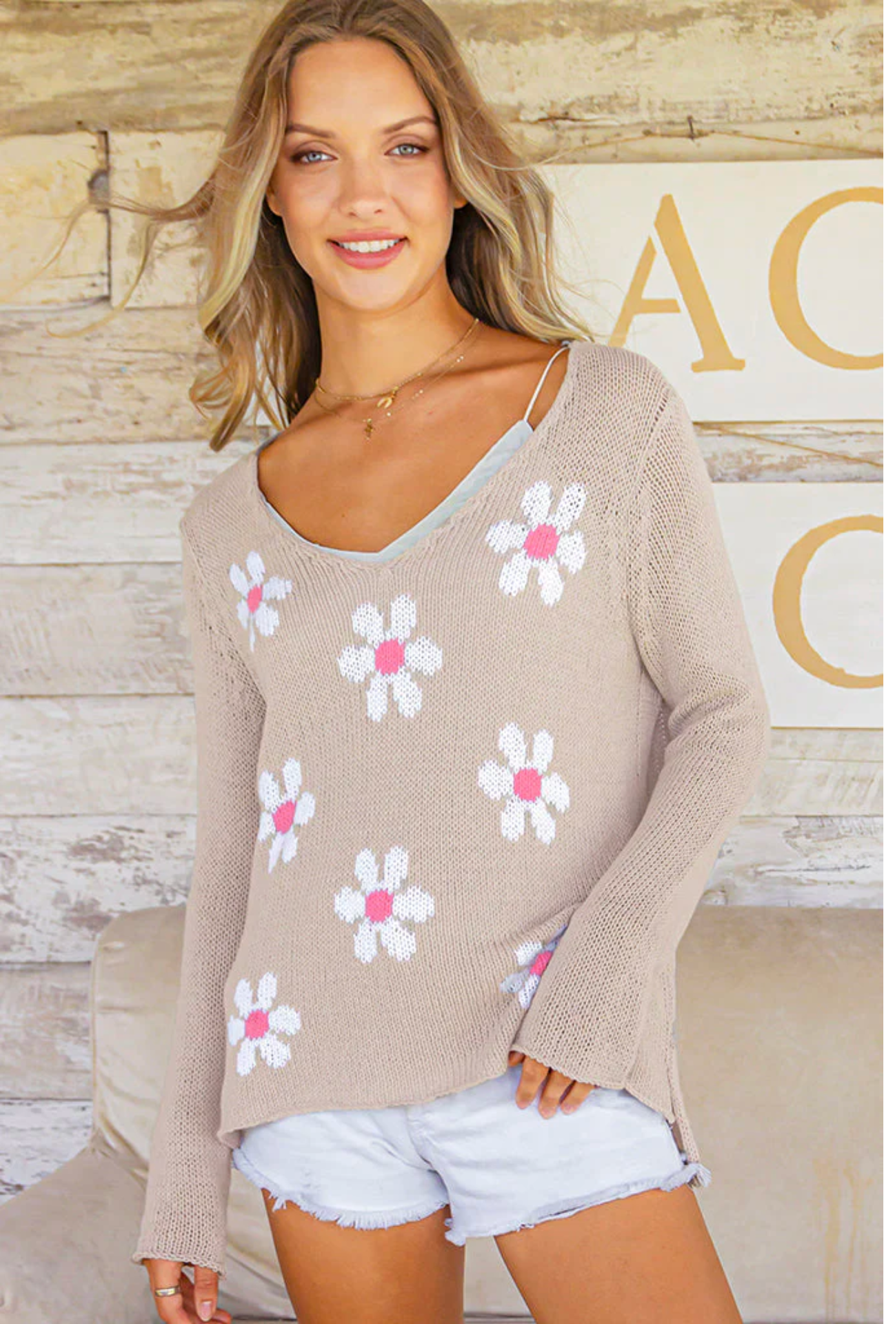 Mini Daisy V Cotton Sweater